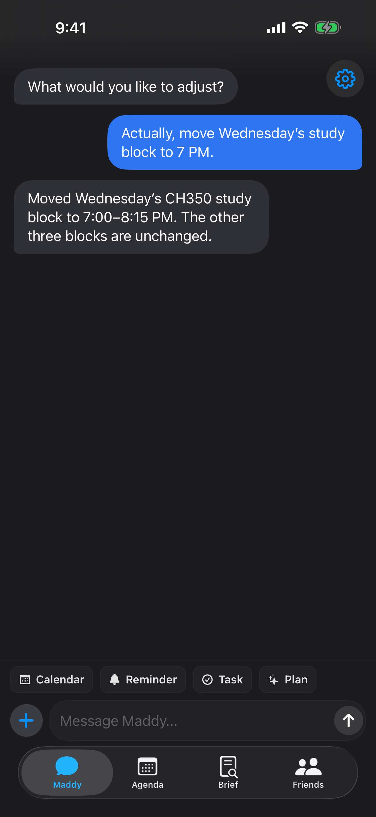 Maddy chat confirming that a Wednesday study block moved to 7 PM
