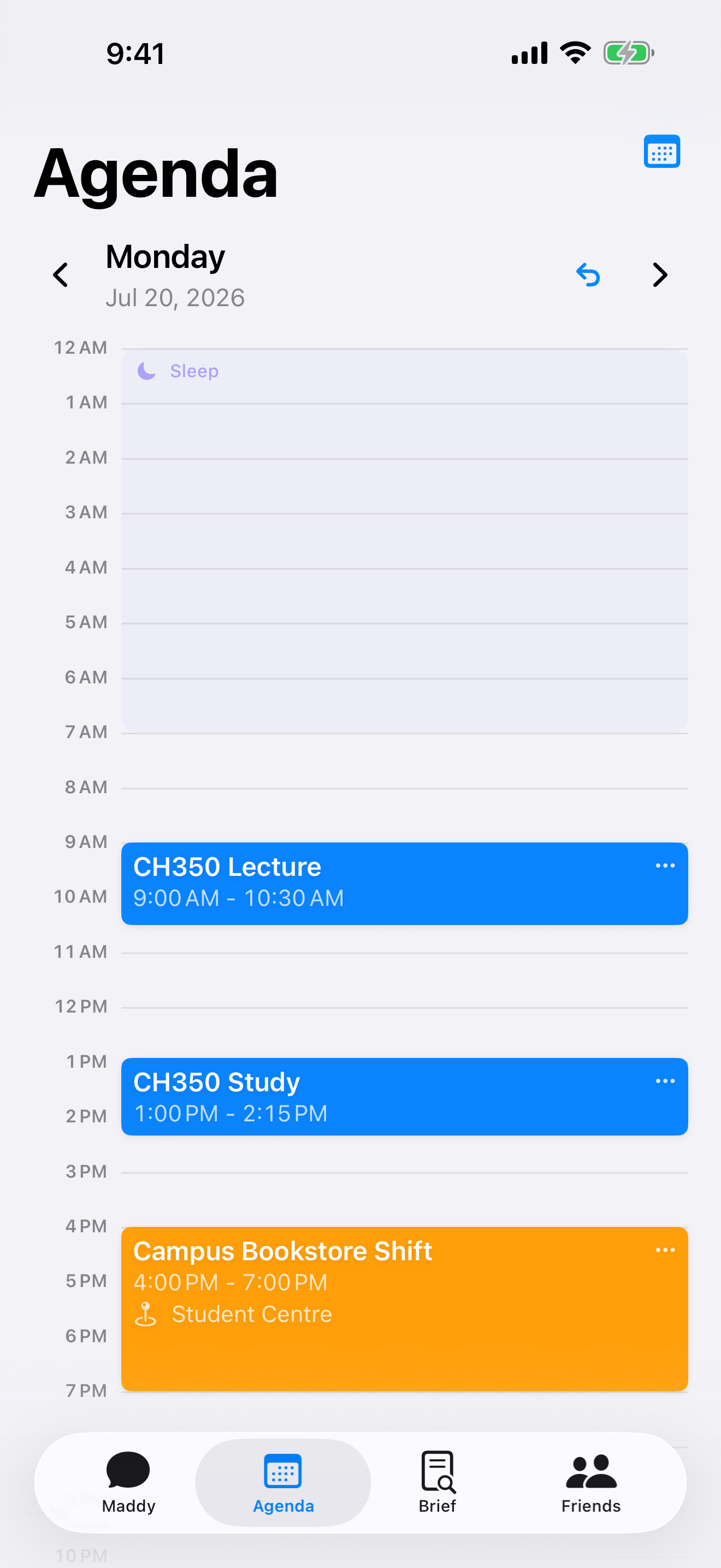 Maddy Agenda showing existing commitments, focus time, and personal plans on one timeline