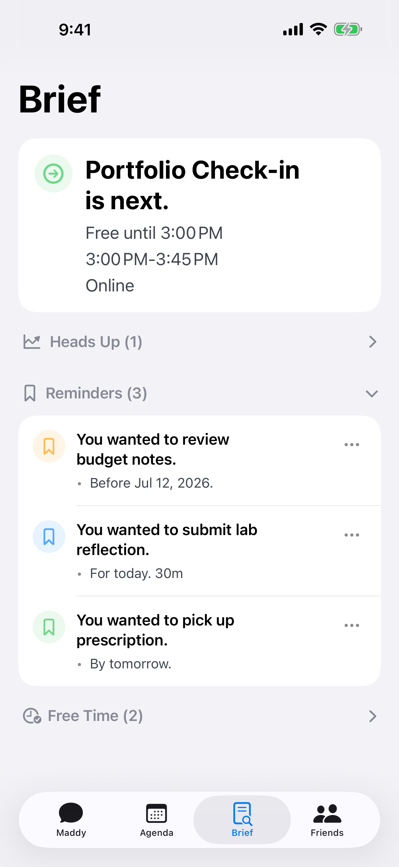 Maddy Brief showing the next event and three reminders