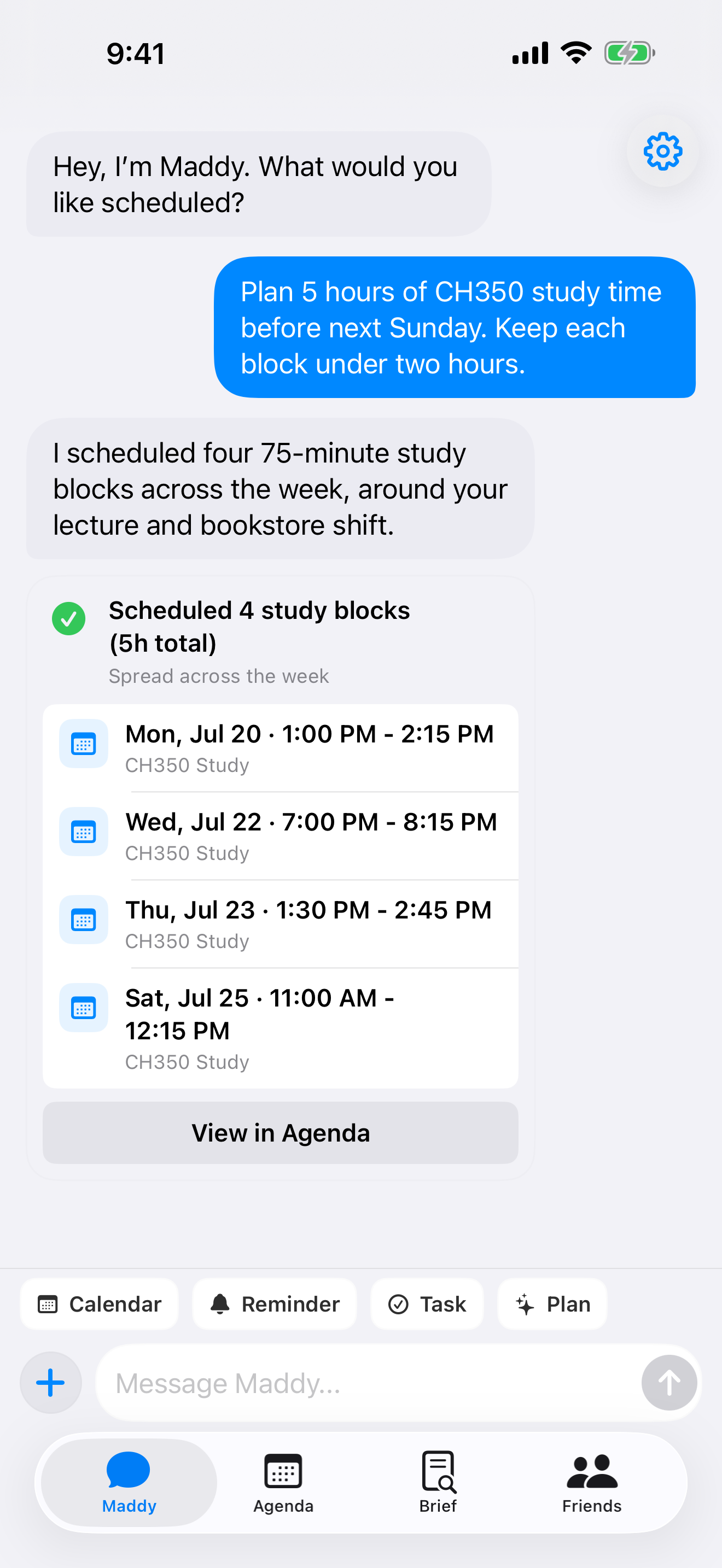 Maddy chat showing four scheduled study blocks across a week