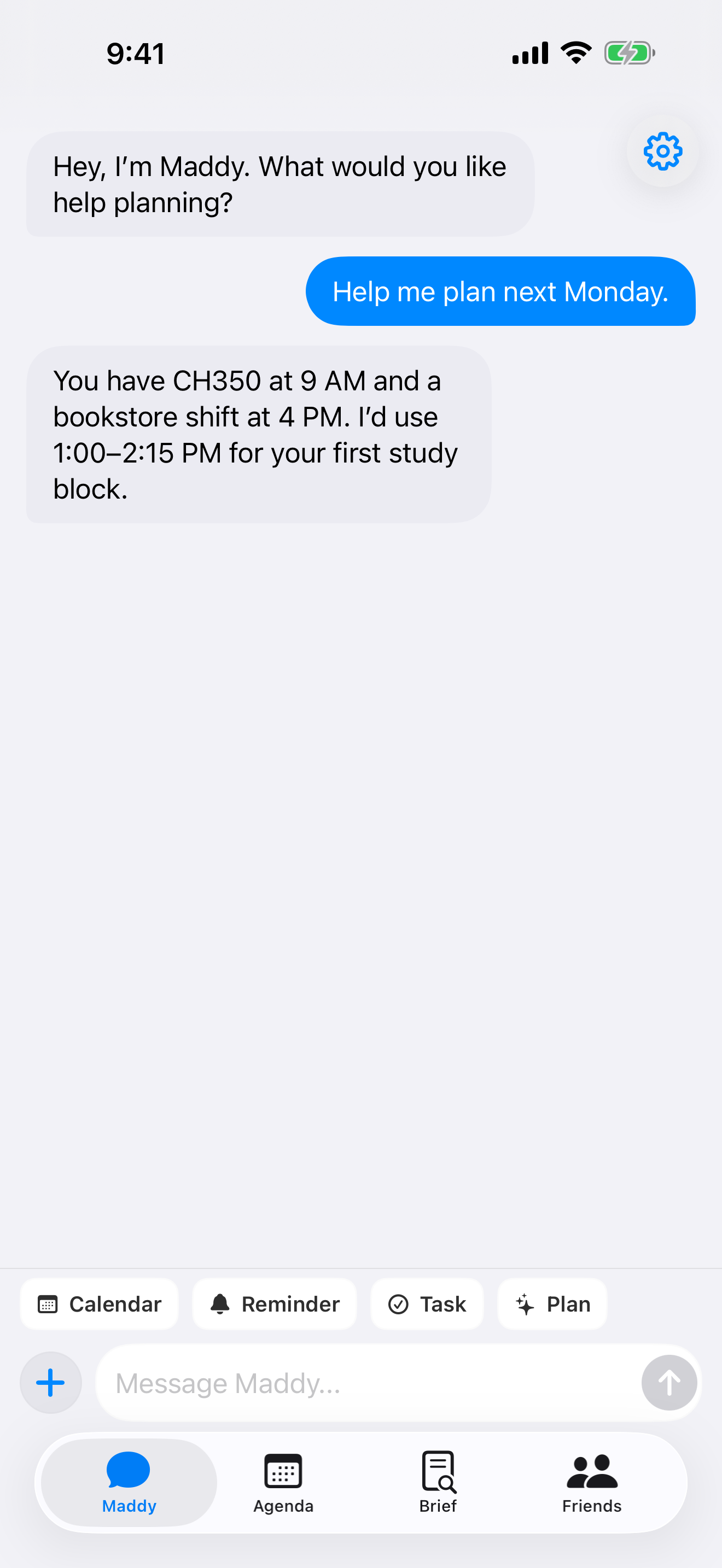 Maddy chat suggesting a study block around a class and bookstore shift